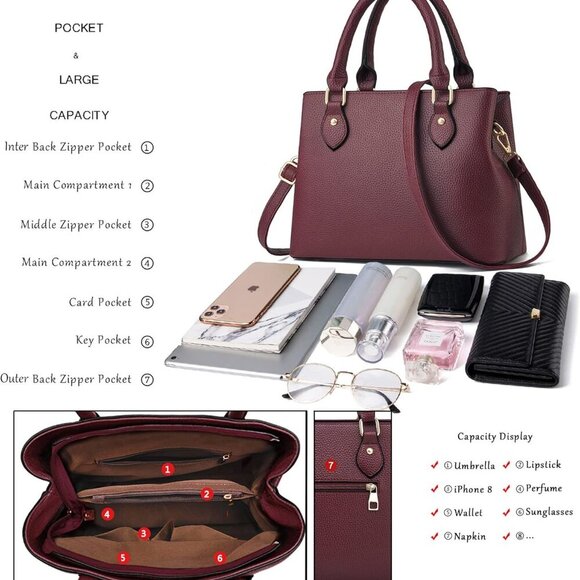 Purses and Handbags for Women Leather Crossbody Bags Women's Tote Shoulder Bag - Picture 6 of 7